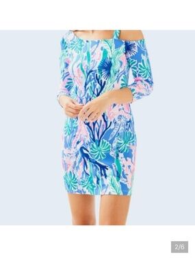 Lilly Pulitzer Cold-Shoulder Tropical Sheath Dress - Blue/Pink/Green